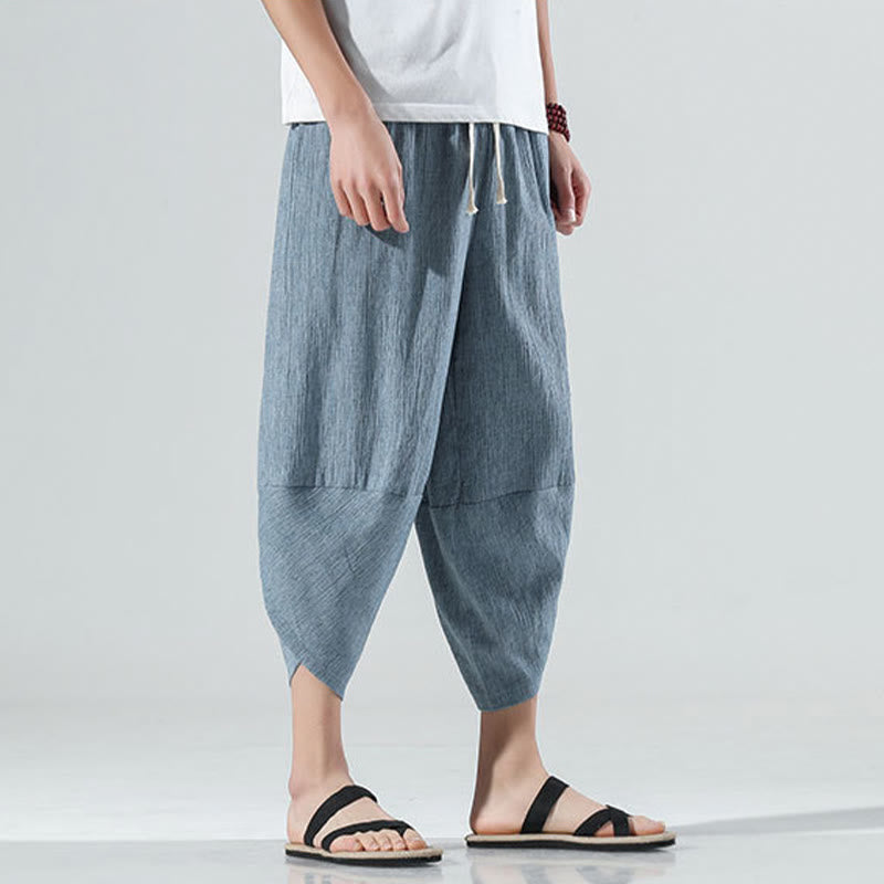 Pantaloni harem da uomo in lino con tasche, lunghezza 7-8, con coulisse, design semplice e semplice, motivo Buddha Stones