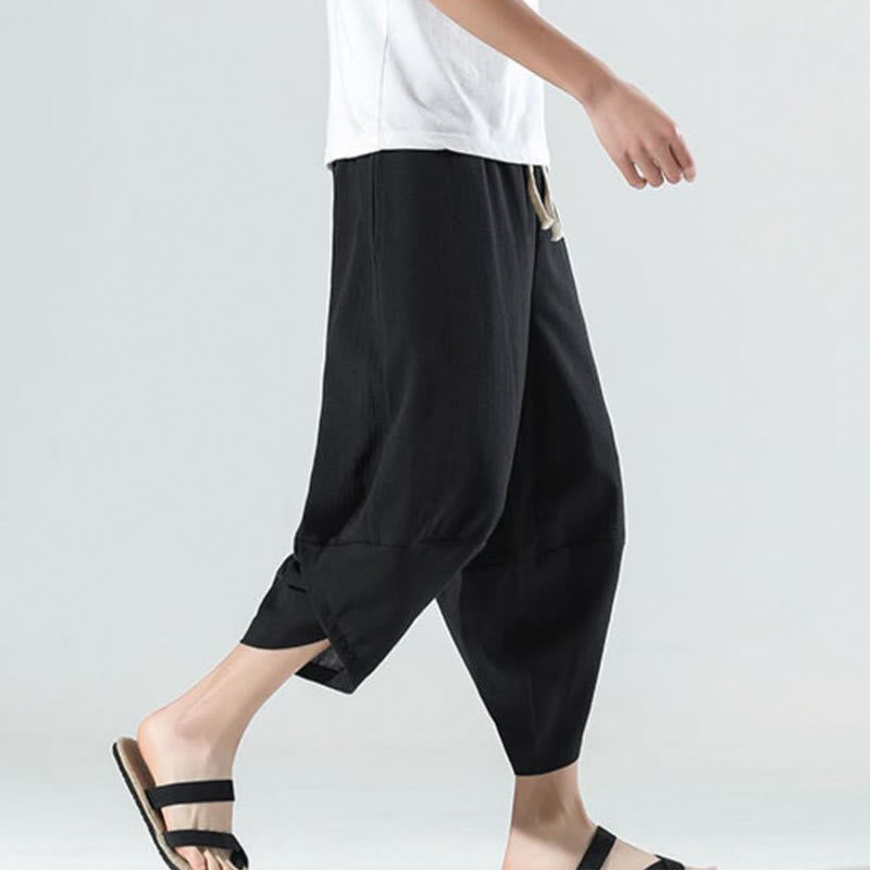 Pantaloni harem da uomo in lino con tasche, lunghezza 7-8, con coulisse, design semplice e semplice, motivo Buddha Stones