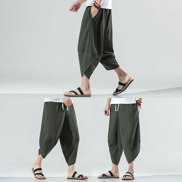 Pantaloni harem da uomo in lino con tasche, lunghezza 7-8, con coulisse, design semplice e semplice, motivo Buddha Stones