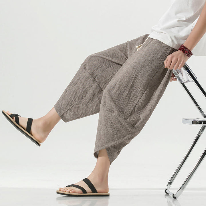 Pantaloni harem da uomo in lino con tasche, lunghezza 7-8, con coulisse, design semplice e semplice, motivo Buddha Stones