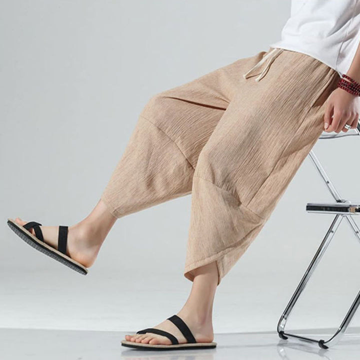 Pantaloni harem da uomo in lino con tasche, lunghezza 7-8, con coulisse, design semplice e semplice, motivo Buddha Stones