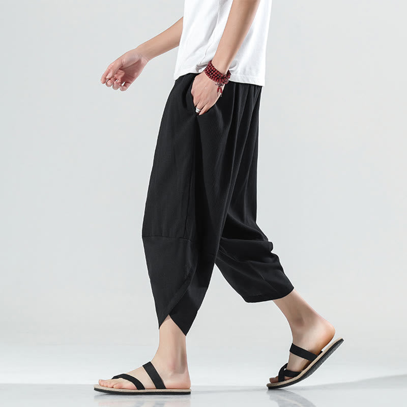 Pantaloni harem da uomo in lino con tasche, lunghezza 7-8, con coulisse, design semplice e semplice, motivo Buddha Stones
