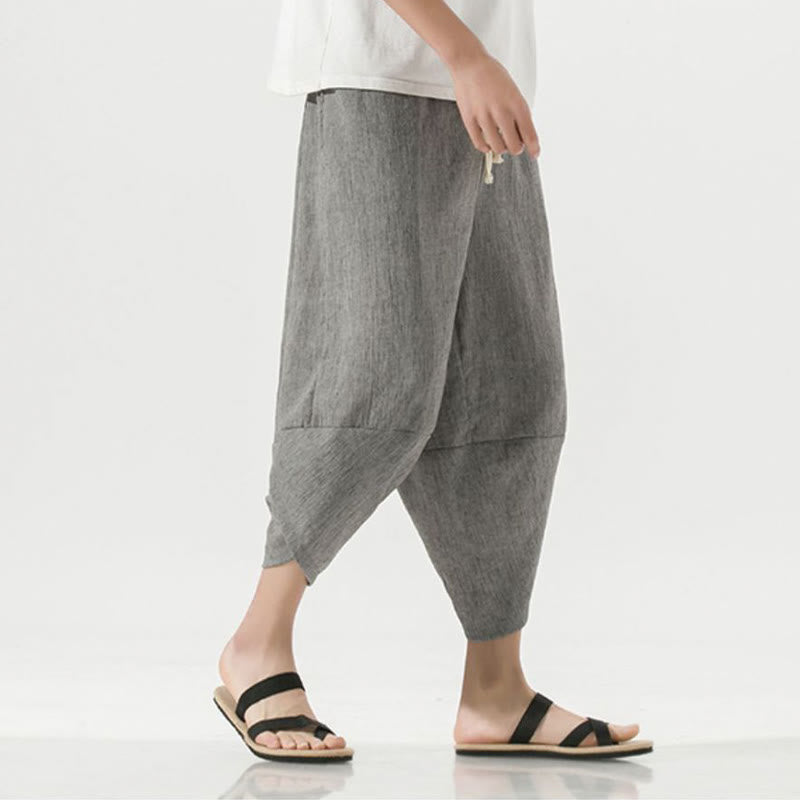 Pantaloni harem da uomo in lino con tasche, lunghezza 7-8, con coulisse, design semplice e semplice, motivo Buddha Stones