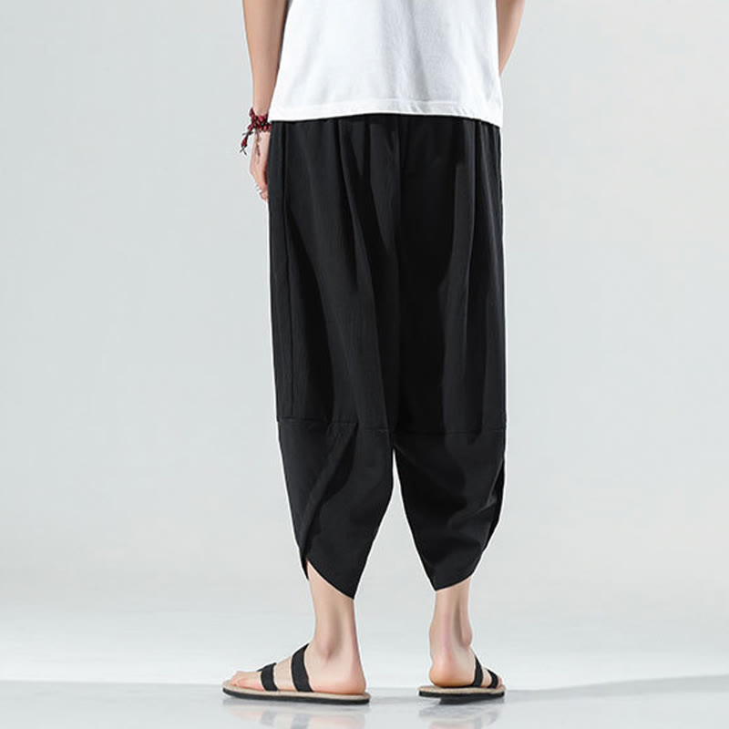 Pantaloni harem da uomo in lino con tasche, lunghezza 7-8, con coulisse, design semplice e semplice, motivo Buddha Stones