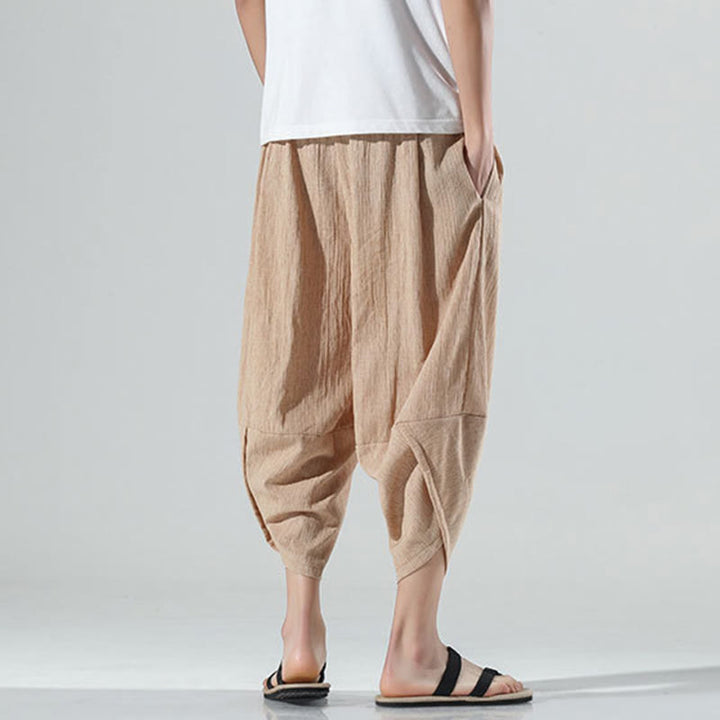 Pantaloni harem da uomo in lino con tasche, lunghezza 7-8, con coulisse, design semplice e semplice, motivo Buddha Stones