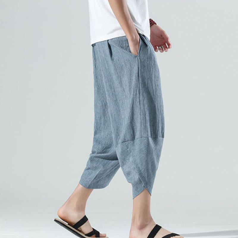 Pantaloni harem da uomo in lino con tasche, lunghezza 7-8, con coulisse, design semplice e semplice, motivo Buddha Stones