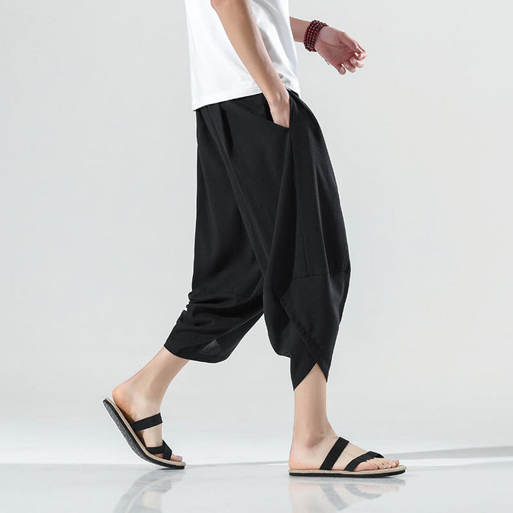 Pantaloni harem da uomo in lino con tasche, lunghezza 7-8, con coulisse, design semplice e semplice, motivo Buddha Stones