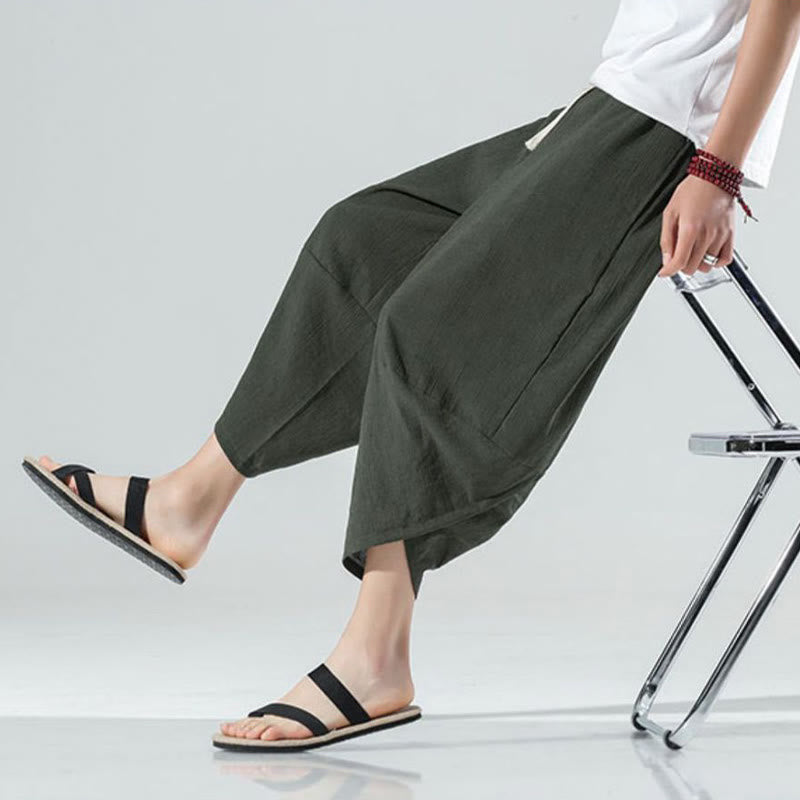 Pantaloni harem da uomo in lino con tasche, lunghezza 7-8, con coulisse, design semplice e semplice, motivo Buddha Stones