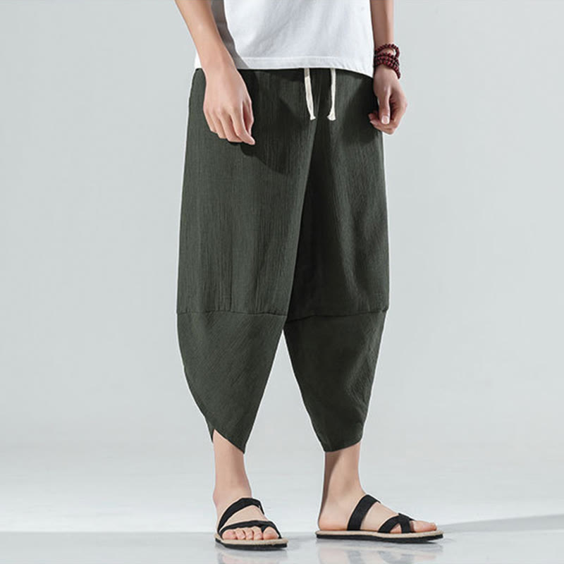 Pantaloni harem da uomo in lino con tasche, lunghezza 7-8, con coulisse, design semplice e semplice, motivo Buddha Stones