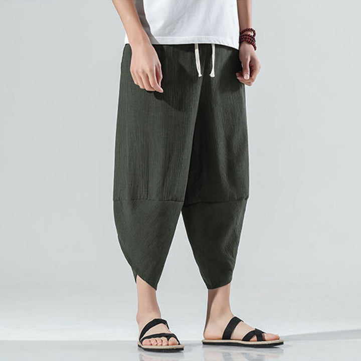 Pantaloni harem da uomo in lino con tasche, lunghezza 7-8, con coulisse, design semplice e semplice, motivo Buddha Stones