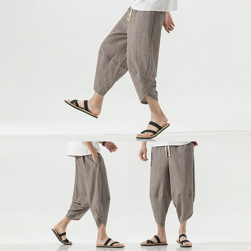Pantaloni harem da uomo in lino con tasche, lunghezza 7-8, con coulisse, design semplice e semplice, motivo Buddha Stones