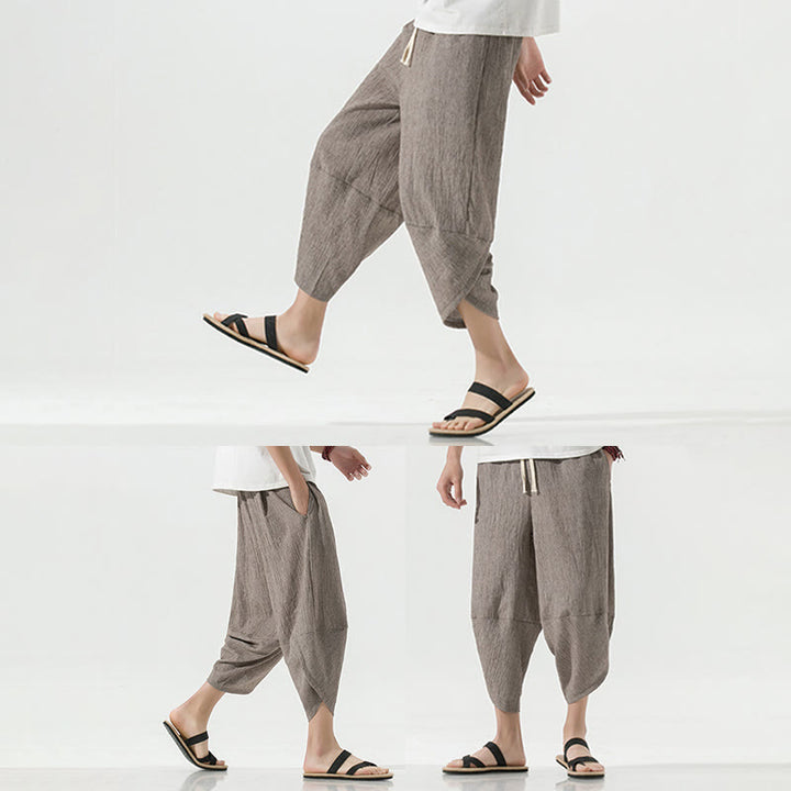 Pantaloni harem da uomo in lino con tasche, lunghezza 7-8, con coulisse, design semplice e semplice, motivo Buddha Stones
