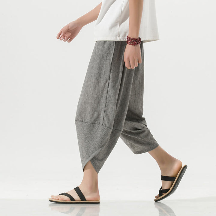 Pantaloni harem da uomo in lino con tasche, lunghezza 7-8, con coulisse, design semplice e semplice, motivo Buddha Stones