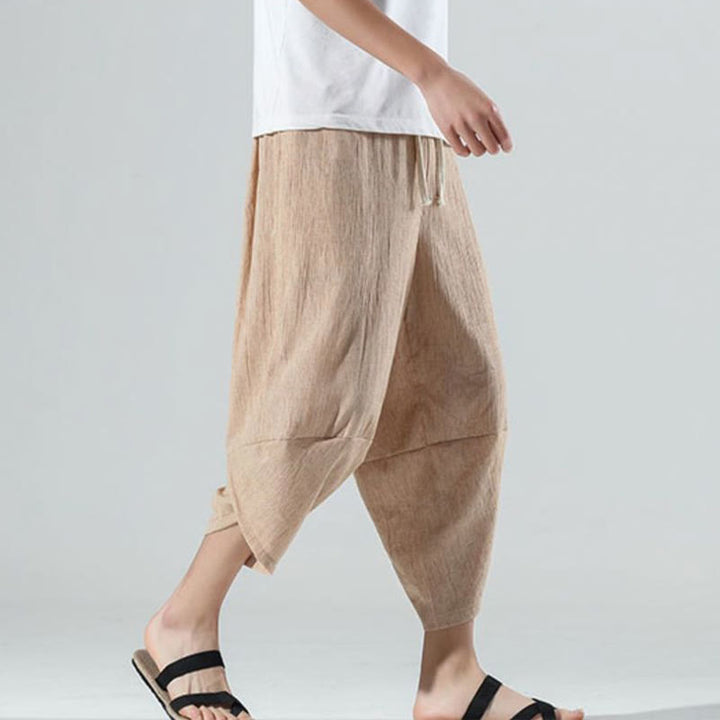 Pantaloni harem da uomo in lino con tasche, lunghezza 7-8, con coulisse, design semplice e semplice, motivo Buddha Stones