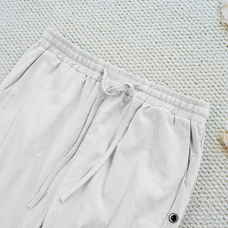 Pantaloni da donna in lino di cotone con coulisse, con tasche, modello patchwork estivo semplice Buddha Stones - image 4