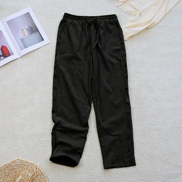 Pantaloni da donna in lino di cotone con coulisse, con tasche, modello patchwork estivo semplice Buddha Stones - Nero - US12, UK/AU16, EU44 (2XL) - image 8