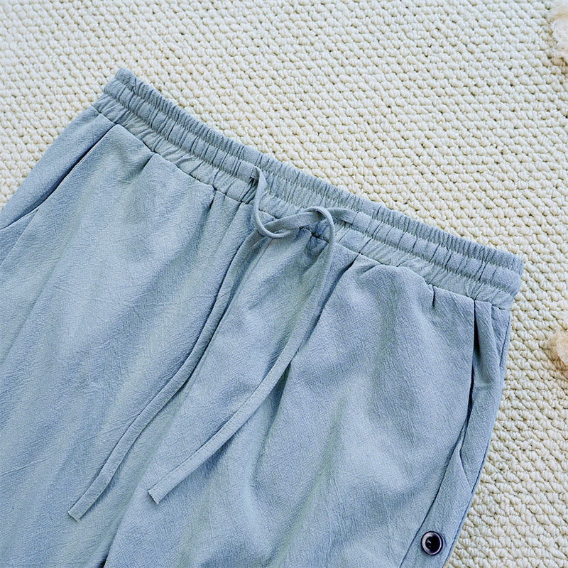 Pantaloni da donna in lino di cotone con coulisse, con tasche, modello patchwork estivo semplice Buddha Stones