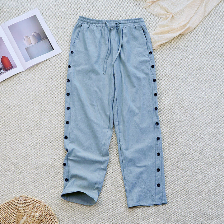 Pantaloni da donna in lino di cotone con coulisse, con tasche, modello patchwork estivo semplice Buddha Stones - Azzurro cielo chiaro - US12, UK/AU16, EU44 (2XL) - image 16