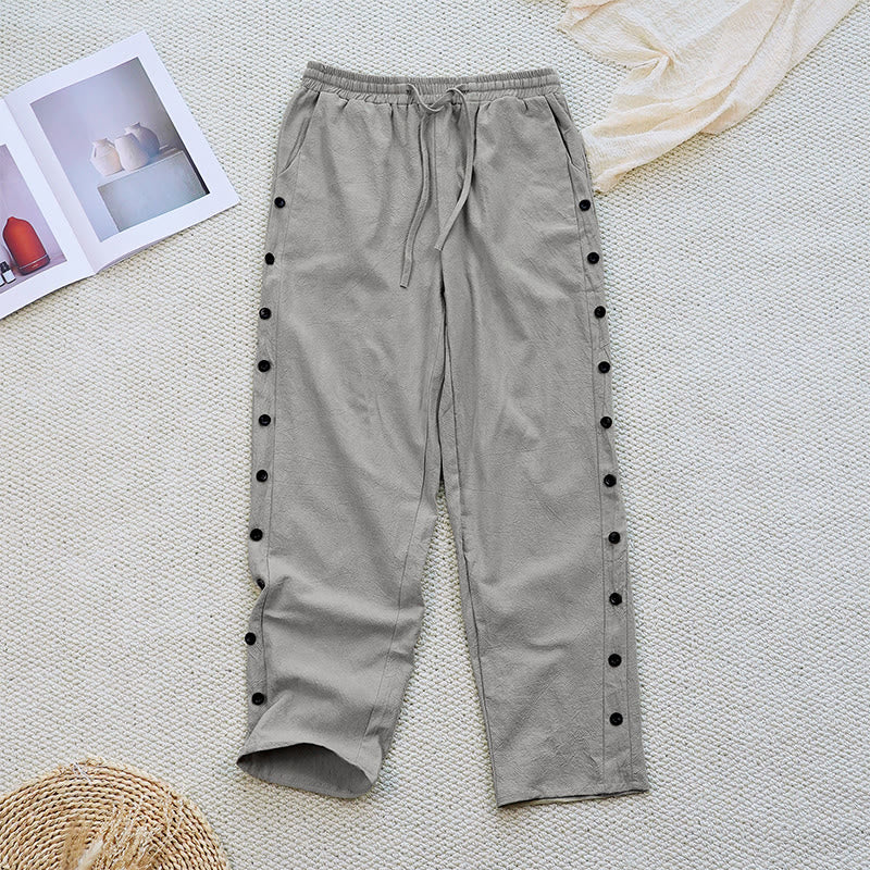 Pantaloni da donna in lino di cotone con coulisse, con tasche, modello patchwork estivo semplice Buddha Stones - Grigio - US12, UK/AU16, EU44 (2XL) - image 32