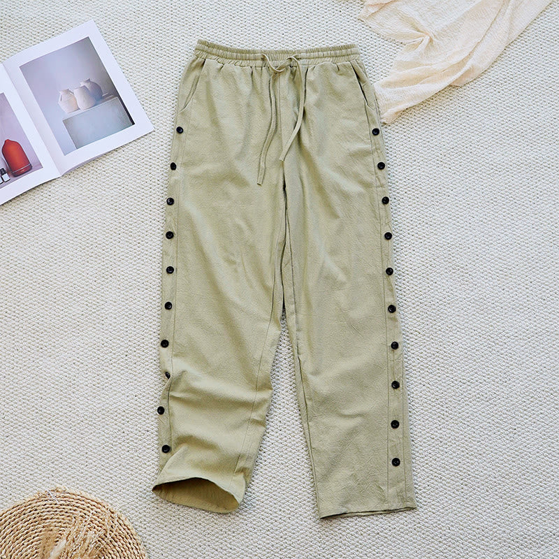 Pantaloni da donna in lino di cotone con coulisse, con tasche, modello patchwork estivo semplice Buddha Stones - Verga d'oro pallida - US12, UK/AU16, EU44 (2XL) - image 24