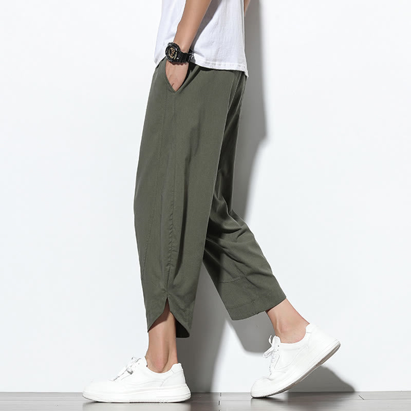 Pantaloni harem da uomo in lino con tasche, casual, estivi, con coulisse, lunghezza 7-8, Buddha Stones