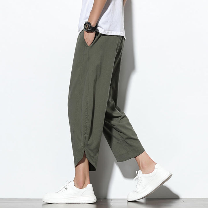 Pantaloni harem da uomo in lino con tasche, casual, estivi, con coulisse, lunghezza 7-8, Buddha Stones