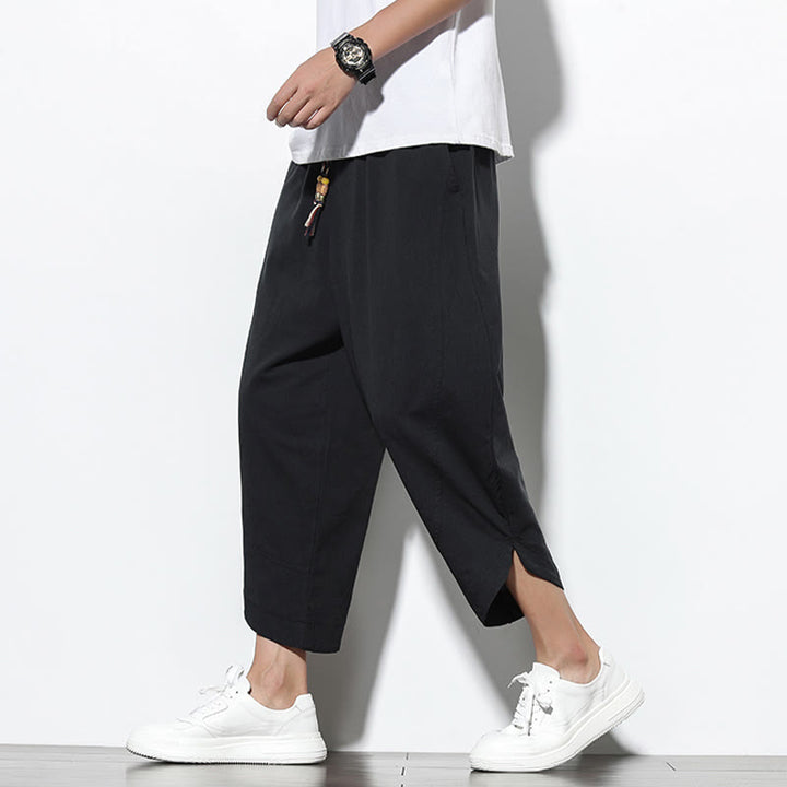 Pantaloni harem da uomo in lino con tasche, casual, estivi, con coulisse, lunghezza 7-8, Buddha Stones