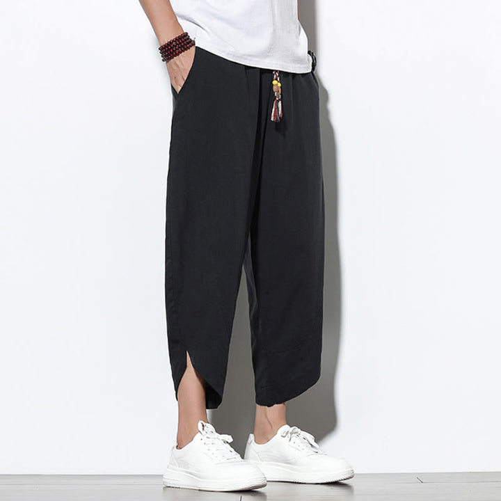 Pantaloni harem da uomo in lino con tasche, casual, estivi, con coulisse, lunghezza 7-8, Buddha Stones