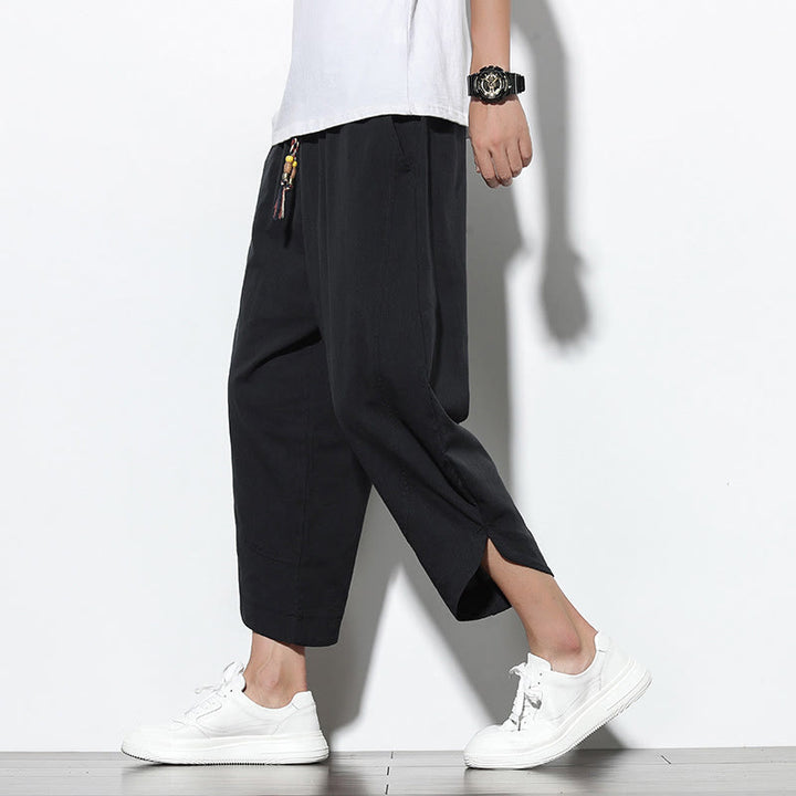 Pantaloni harem da uomo in lino con tasche, casual, estivi, con coulisse, lunghezza 7-8, Buddha Stones