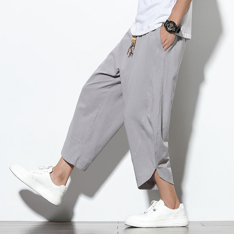 Pantaloni harem da uomo in lino con tasche, casual, estivi, con coulisse, lunghezza 7-8, Buddha Stones