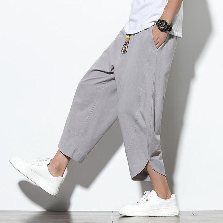 Pantaloni harem da uomo in lino con tasche, casual, estivi, con coulisse, lunghezza 7-8, Buddha Stones
