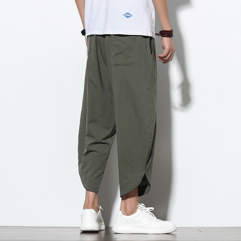 Pantaloni harem da uomo in lino con tasche, casual, estivi, con coulisse, lunghezza 7-8, Buddha Stones