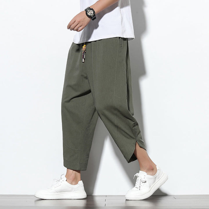 Pantaloni harem da uomo in lino con tasche, casual, estivi, con coulisse, lunghezza 7-8, Buddha Stones - Verde oliva - US/UK/AU46, EU56 (5XL) - image 30