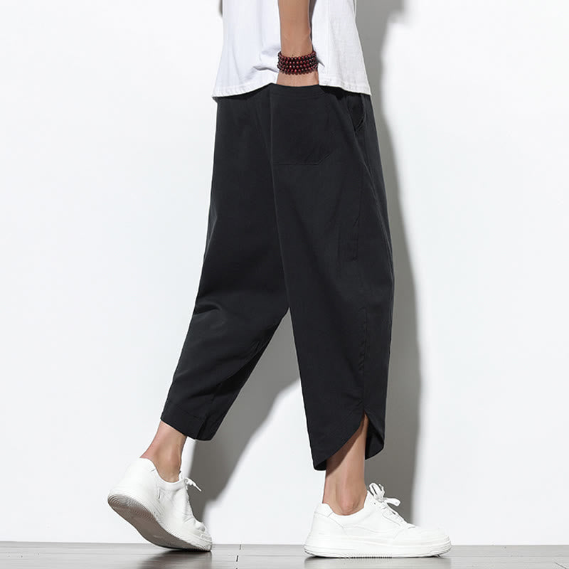 Pantaloni harem da uomo in lino con tasche, casual, estivi, con coulisse, lunghezza 7-8, Buddha Stones