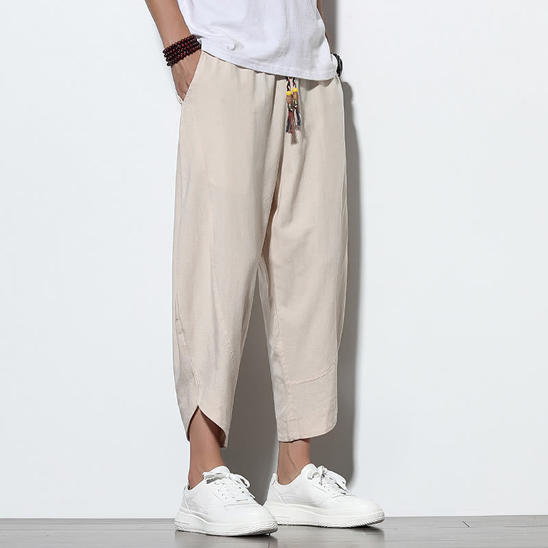 Pantaloni harem da uomo in lino con tasche, casual, estivi, con coulisse, lunghezza 7-8, Buddha Stones