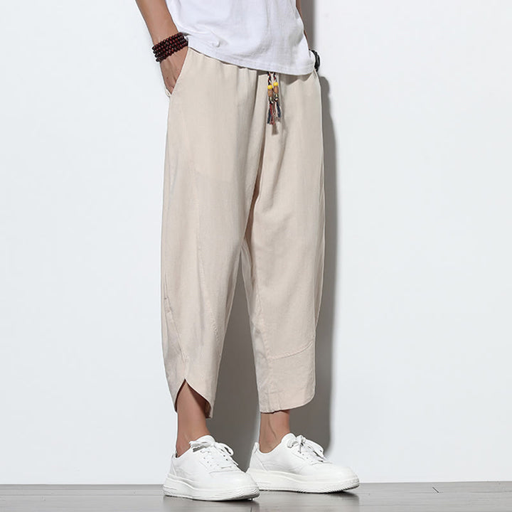 Pantaloni harem da uomo in lino con tasche, casual, estivi, con coulisse, lunghezza 7-8, Buddha Stones