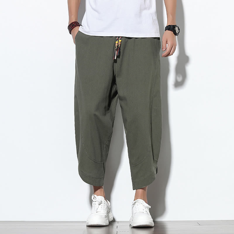 Pantaloni harem da uomo in lino con tasche, casual, estivi, con coulisse, lunghezza 7-8, Buddha Stones