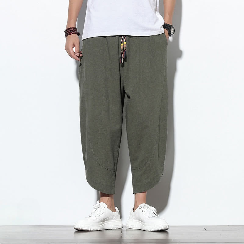 Pantaloni harem da uomo in lino con tasche, casual, estivi, con coulisse, lunghezza 7-8, Buddha Stones