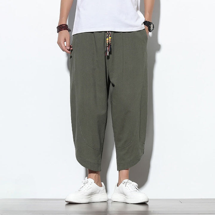 Pantaloni harem da uomo in lino con tasche, casual, estivi, con coulisse, lunghezza 7-8, Buddha Stones