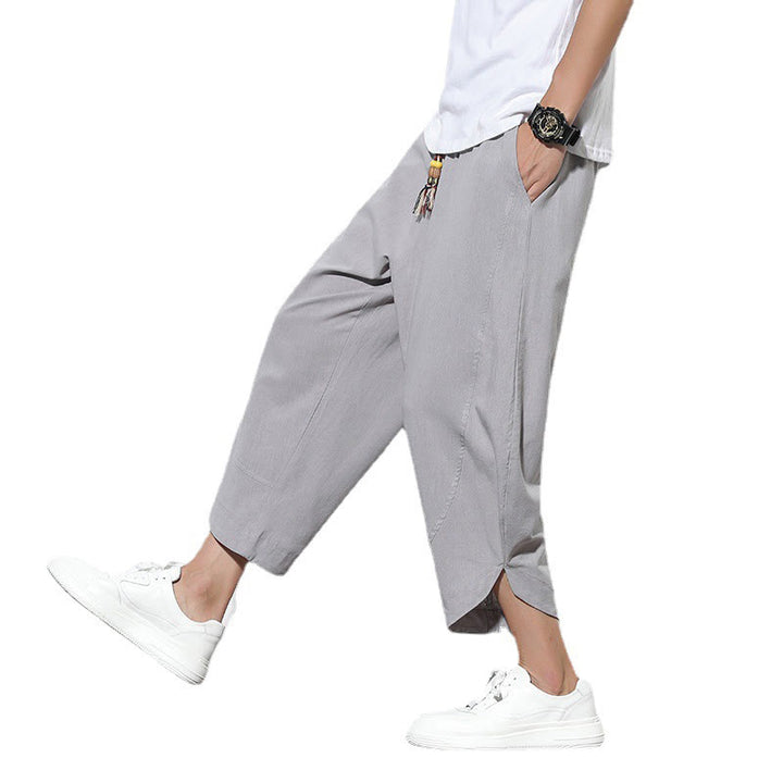 Pantaloni harem da uomo in lino con tasche, casual, estivi, con coulisse, lunghezza 7-8, Buddha Stones