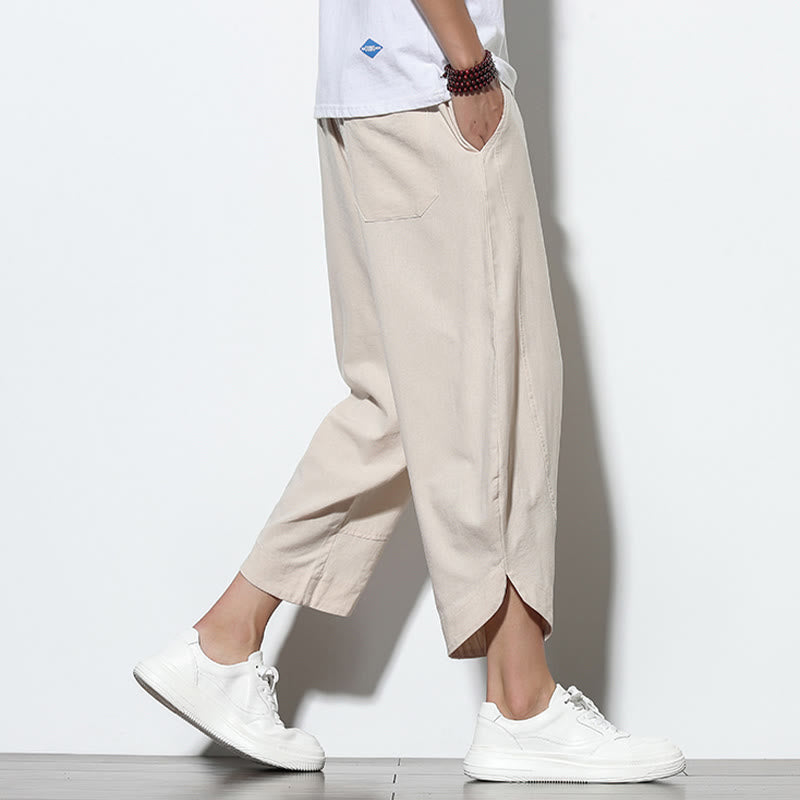 Pantaloni harem da uomo in lino con tasche, casual, estivi, con coulisse, lunghezza 7-8, Buddha Stones