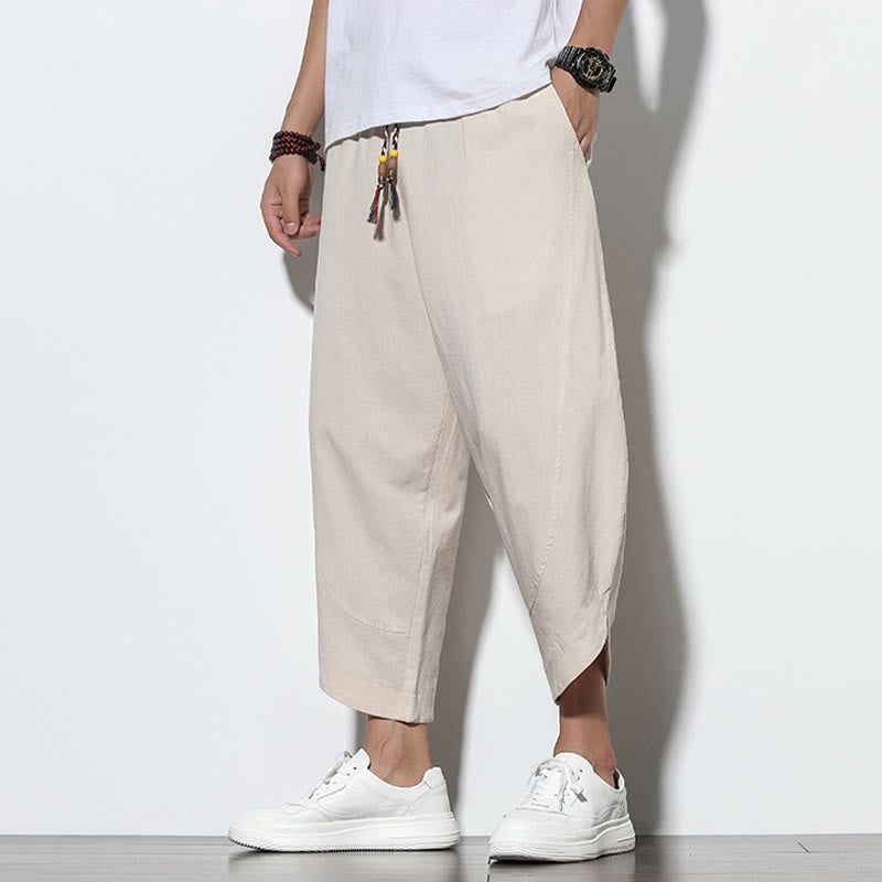 Pantaloni harem da uomo in lino con tasche, casual, estivi, con coulisse, lunghezza 7-8, Buddha Stones