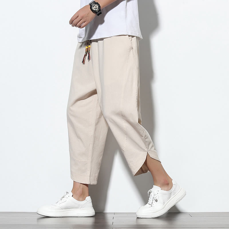 Pantaloni harem da uomo in lino con tasche, casual, estivi, con coulisse, lunghezza 7-8, Buddha Stones