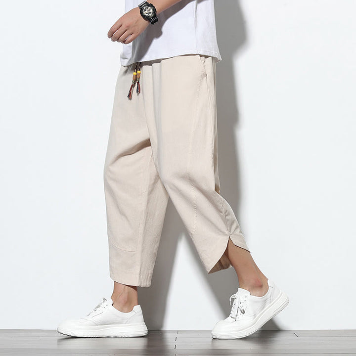 Pantaloni harem da uomo in lino con tasche, casual, estivi, con coulisse, lunghezza 7-8, Buddha Stones