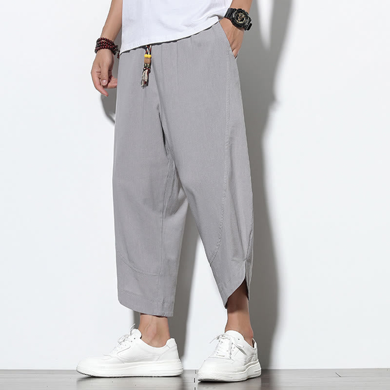 Pantaloni harem da uomo in lino con tasche, casual, estivi, con coulisse, lunghezza 7-8, Buddha Stones