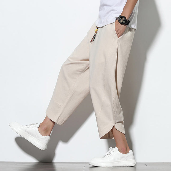 Pantaloni harem da uomo in lino con tasche, casual, estivi, con coulisse, lunghezza 7-8, Buddha Stones