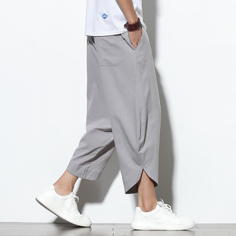 Pantaloni harem da uomo in lino con tasche, casual, estivi, con coulisse, lunghezza 7-8, Buddha Stones
