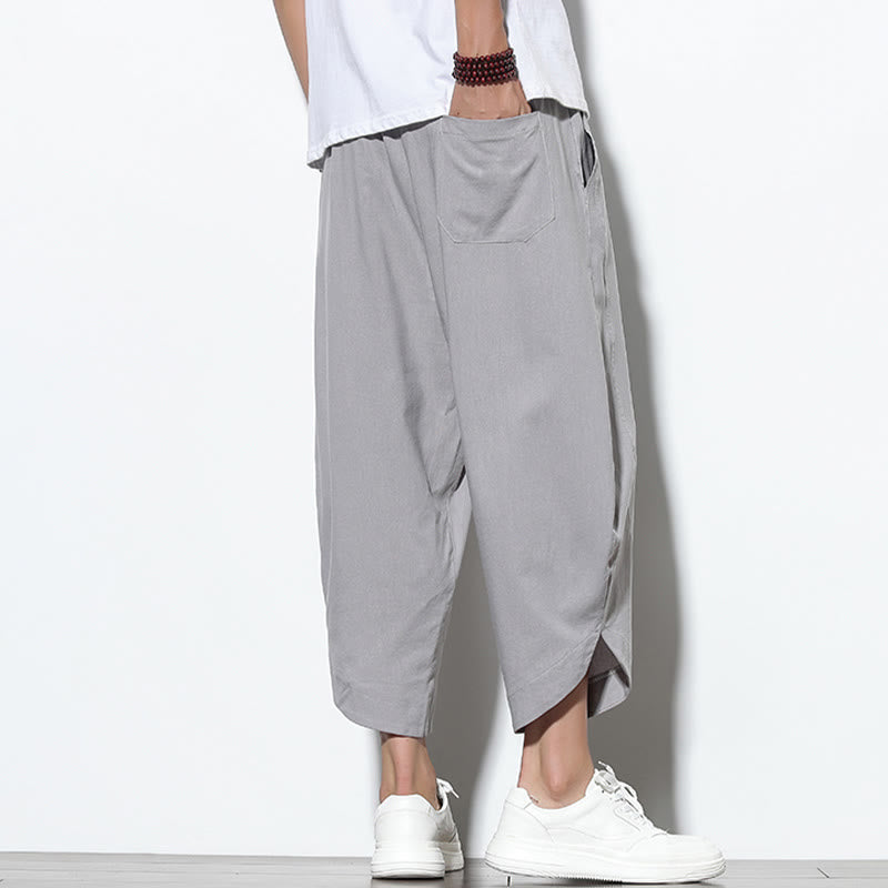 Pantaloni harem da uomo in lino con tasche, casual, estivi, con coulisse, lunghezza 7-8, Buddha Stones