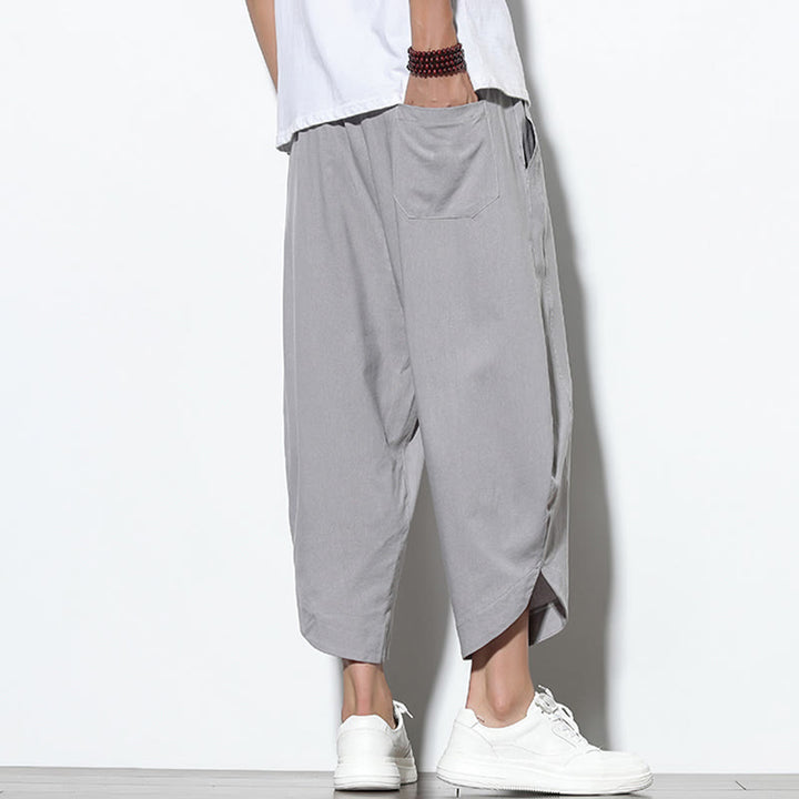 Pantaloni harem da uomo in lino con tasche, casual, estivi, con coulisse, lunghezza 7-8, Buddha Stones