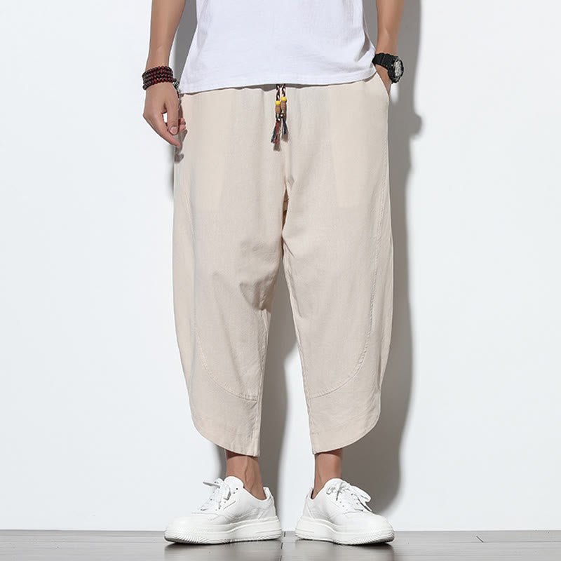 Pantaloni harem da uomo in lino con tasche, casual, estivi, con coulisse, lunghezza 7-8, Buddha Stones